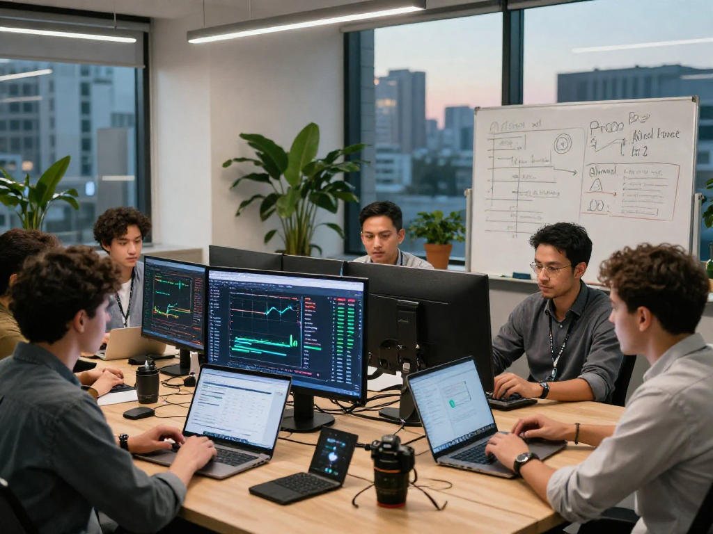 Team discussing kyber-swap platform in a modern office, showcasing cryptocurrency market data and collaboration.