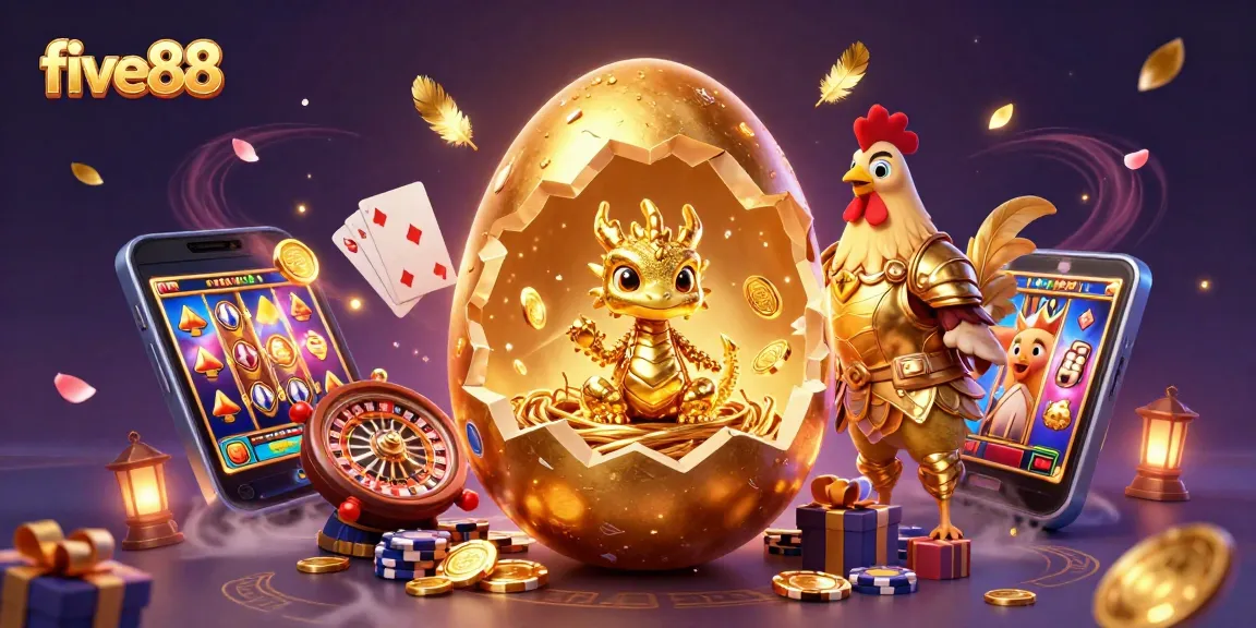 Experience five88's golden gaming adventure with a dragon and poker chips amidst vibrant illustrations.