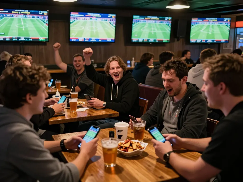Engaged sports fans using mobile apps to place bets during live games at the 7m sports betting bar