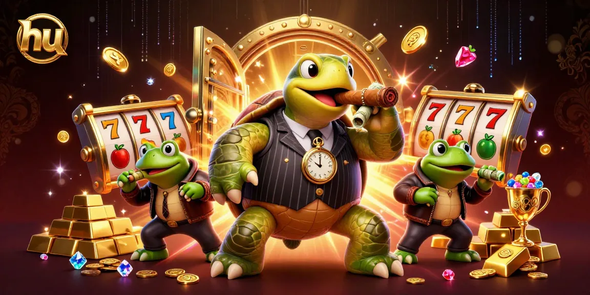 Engage with hu's dynamic slots scene featuring a turtle mobster and bullfrog enforcers in a rich casino environment.