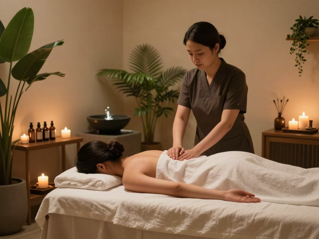 A tranquil spa scene of a 화성출장마사지 in a soothing environment with essential oils and warm lighting.