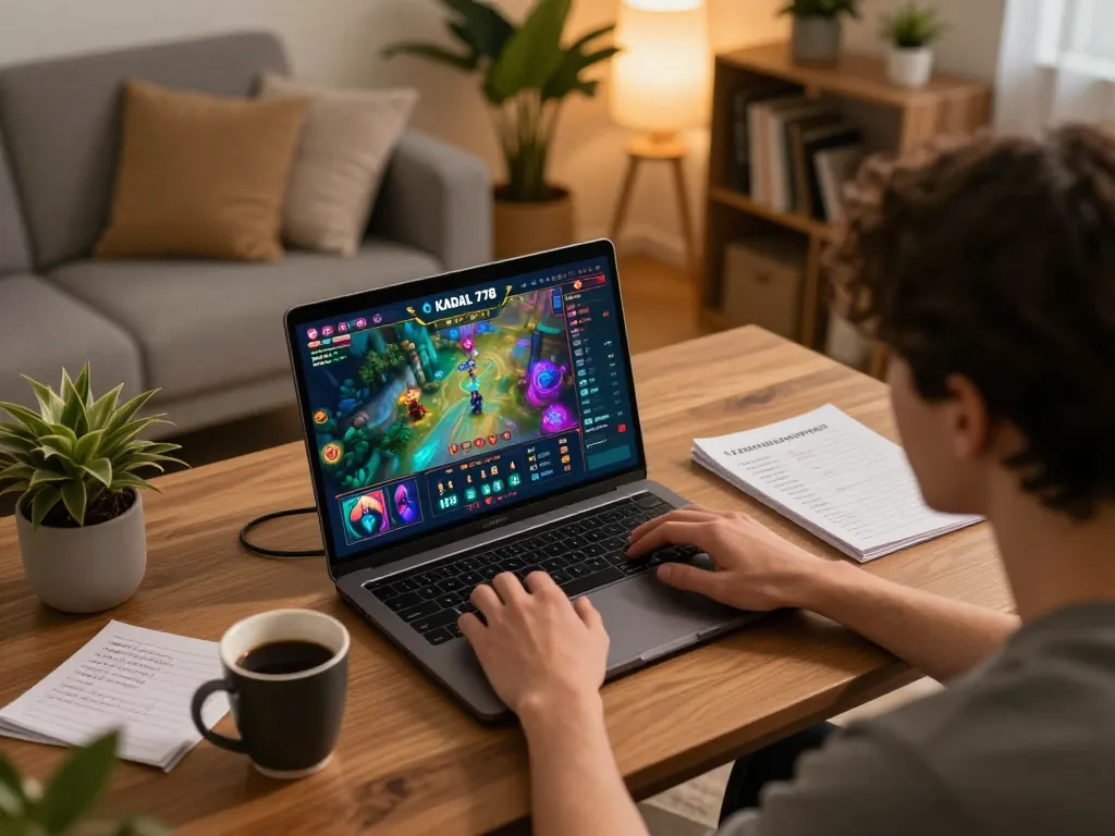 KADAL 778 player engaged in dynamic online gaming with strategic notes and cozy setting.