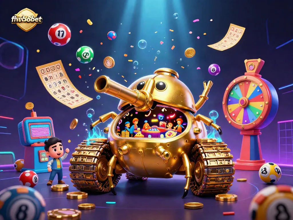 Engage in vibrant gameplay with five88bet, featuring a golden tank casino amidst a confetti explosion.