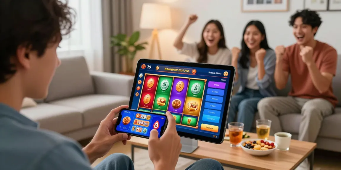 Player enjoying deposit tanpa minimal slot game on smartphone in cozy living room.