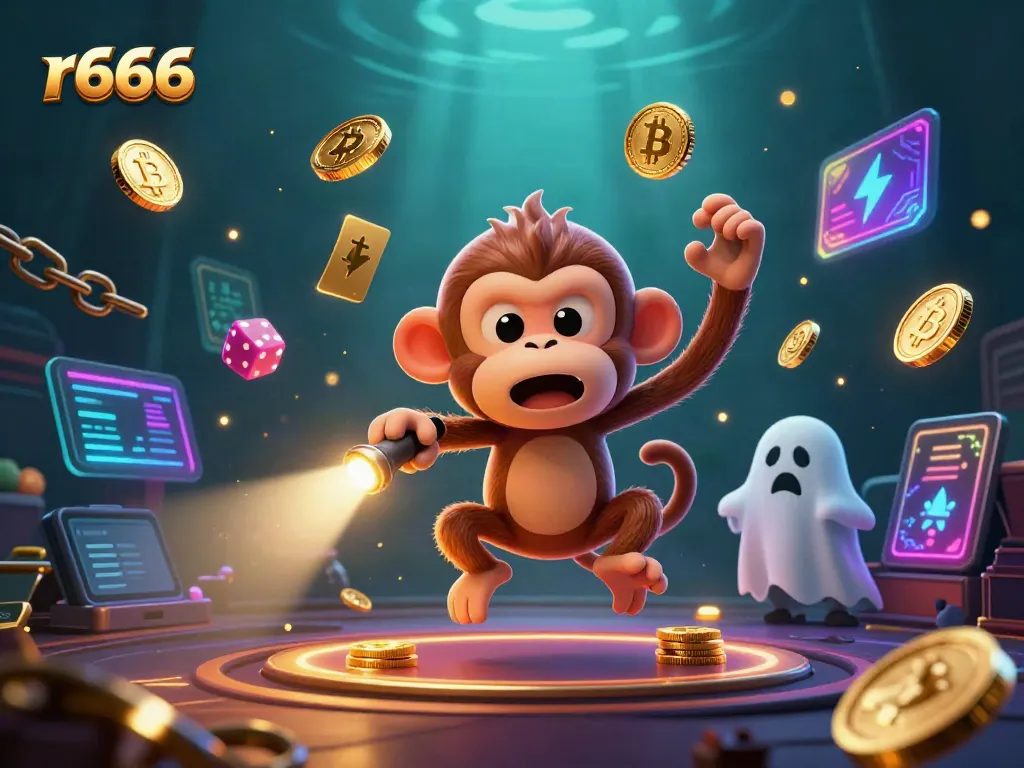 Engage with r666 as a mischievous poltergeist monkey interacts with golden casino elements.