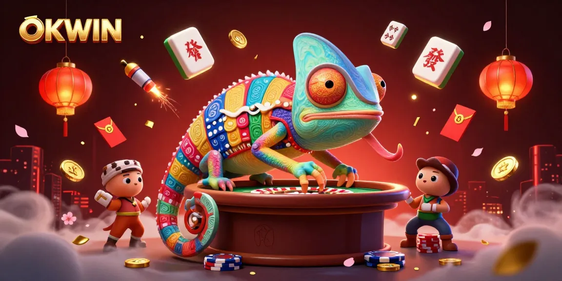Join the excitement at OKWIN with vibrant casino elements and a lively chameleon mascot!