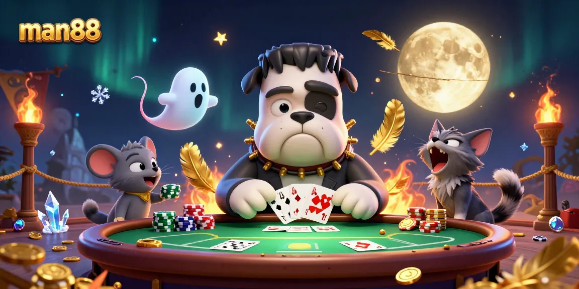 man88 poker action scene with cartoon characters delivering an exciting casino atmosphere