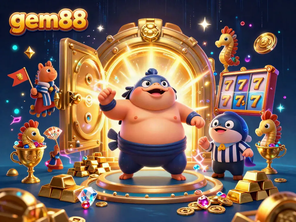 Join the fun at gem88 with vibrant slot games shown in a lively 3D aquarium scene with fugu and more.