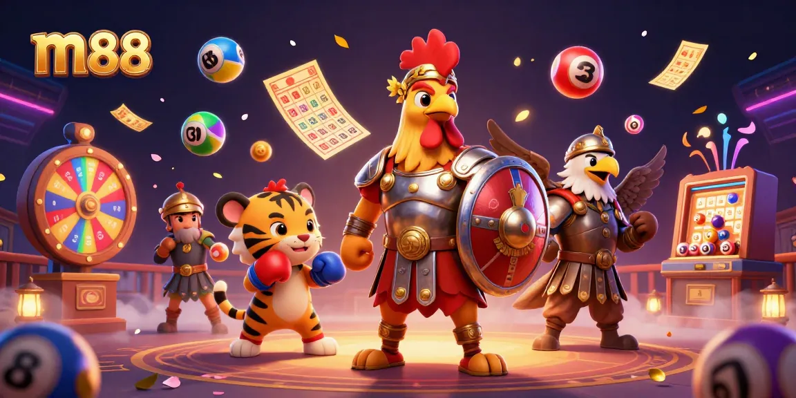M88 offers vibrant gameplay options with colorful lottery elements and a dynamic casino environment featuring engaging characters.