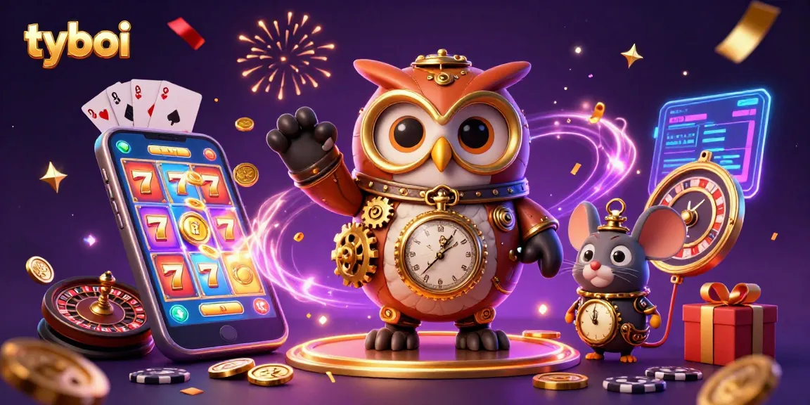 Play exciting slot games with tyboi's colorful 3D illustration showcasing a steampunk owl and casino elements.
