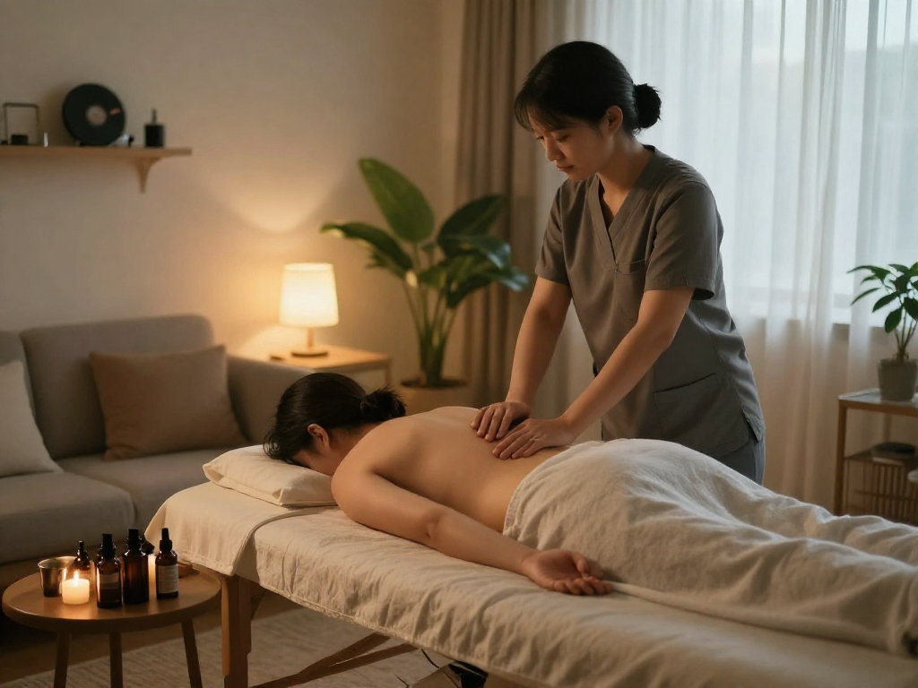 Relaxing 출장마사지 session in a cozy home environment with calming atmosphere and professional therapist.