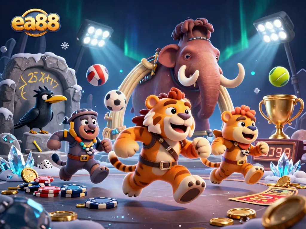 Engage with the exciting thrills of ea88 as caveman and tiger manage their prehistoric casino filled with vibrant sports elements.