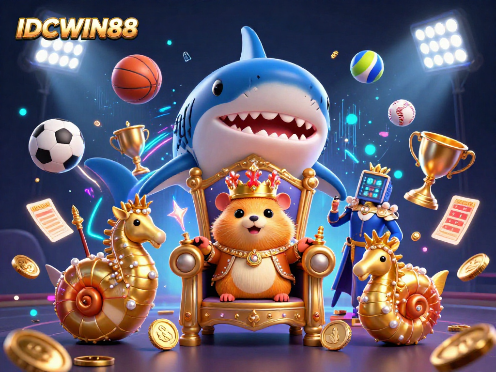 Experience exciting gaming on IDCWIN88 with a golden hamster king and dynamic sports elements.