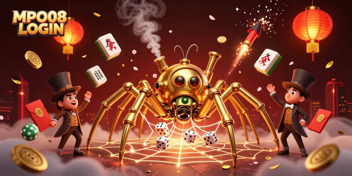 Engage with MPO08 LOGIN featuring a dynamic steampunk spider catching dice in an interactive casino scene.