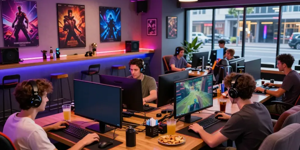 Engaging gaming scene at Manclub with men enjoying gameplay and drinks.