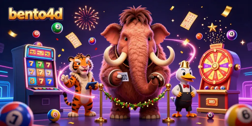 Bento4d casino illustration showcasing a woolly mammoth checking IDs with vibrant lottery elements.