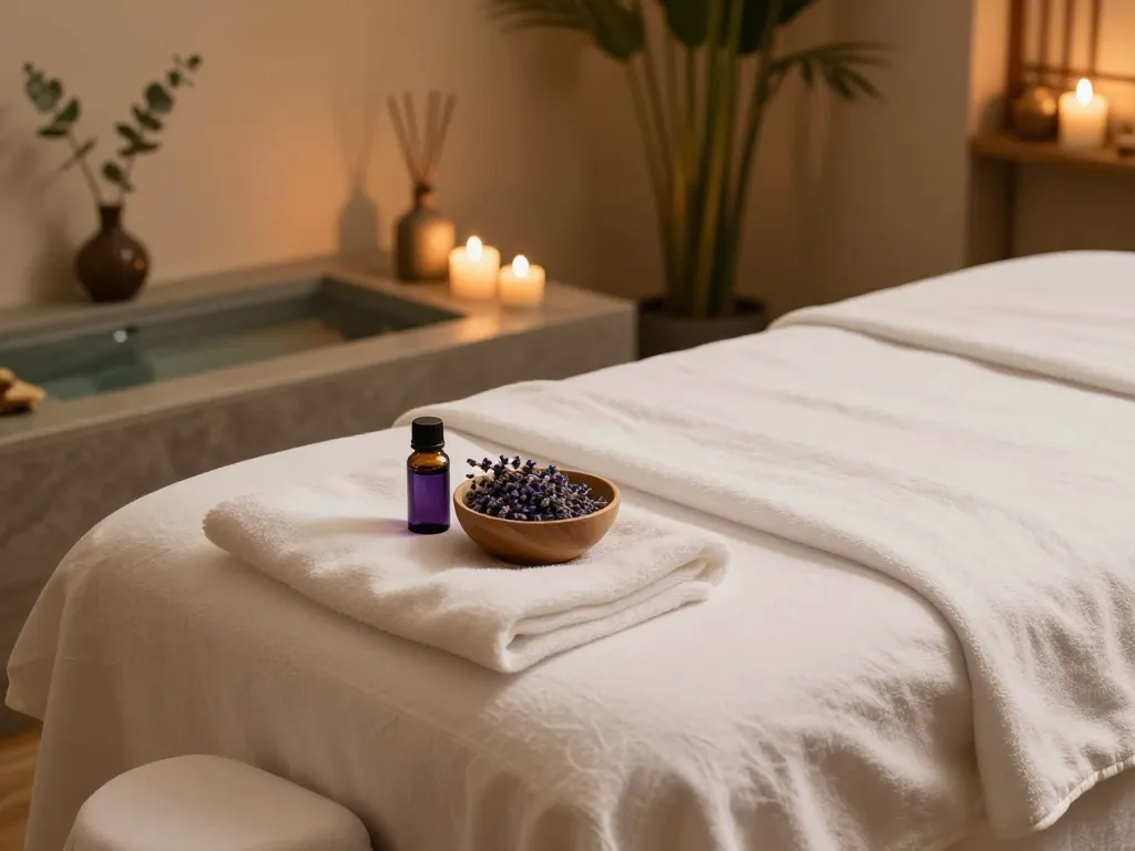 Luxurious Spa Ad scene featuring a calming treatment room with massage table and essential oils.