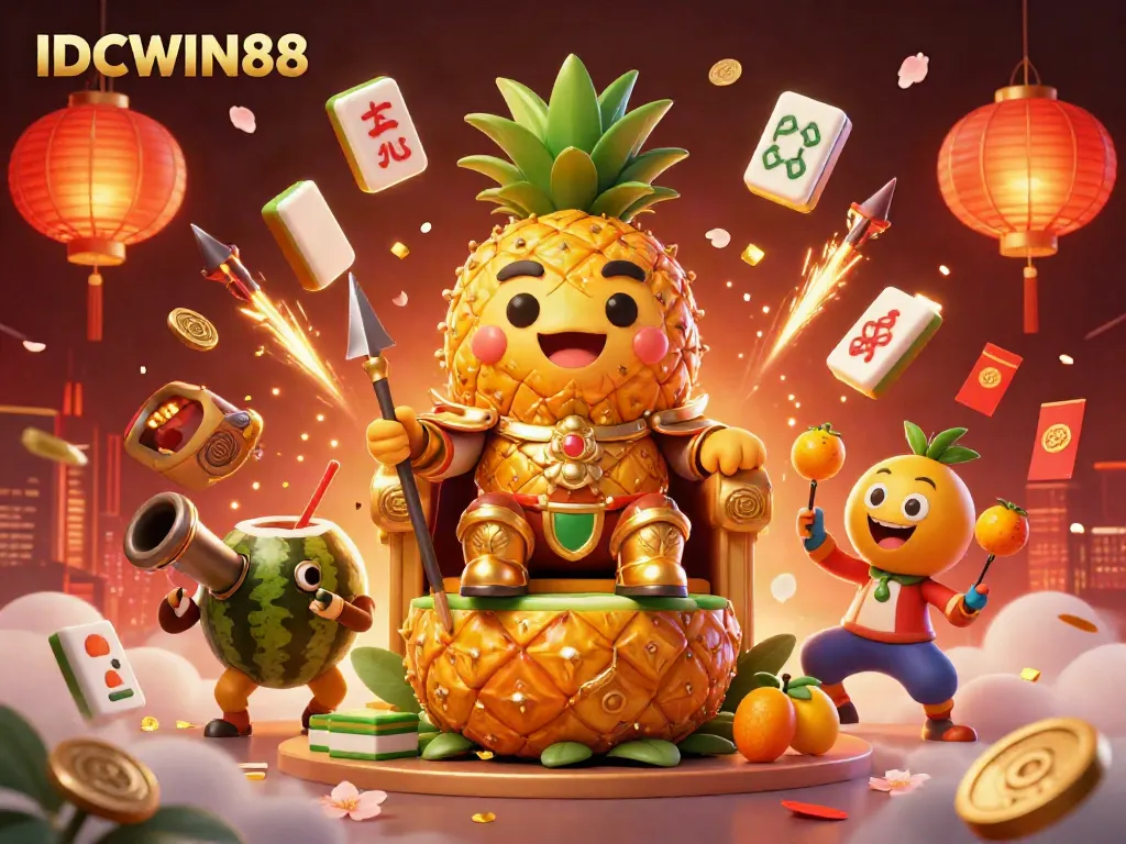 Experience the vibrant gaming world of IDCWIN88 with a captivating scene of a golden pineapple king and lively casino elements.