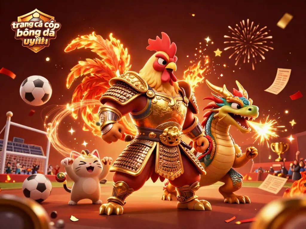 Cá cược thể thao trên trang cá cược bóng đá uy tín, với hình ảnh chiến binh gà và rồng, thể hiện sự phấn khích và năng lượng.