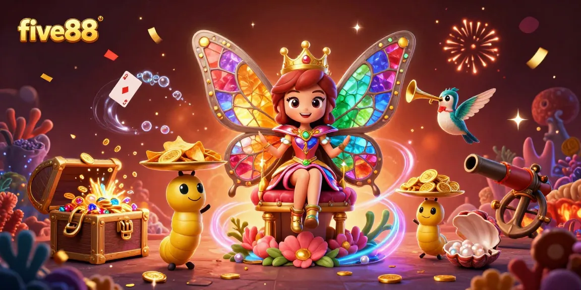 Engage with five88 through a vibrant illustration featuring the butterfly queen amid colorful gambling elements.