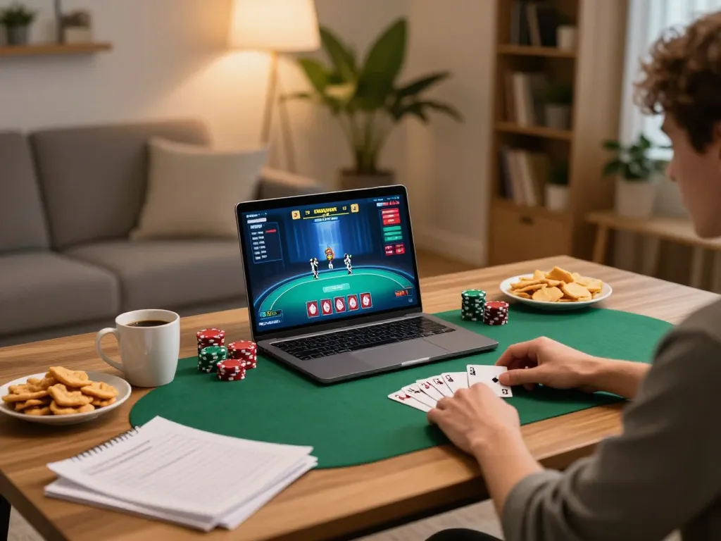 Person playing Fun88 poker game on laptop at home, with snacks and strategy notes around.