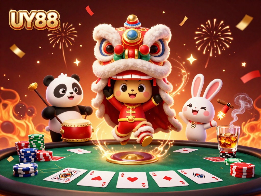 Experience the excitement of UY88 with a vibrant casino scene featuring a lion dance and poker elements.