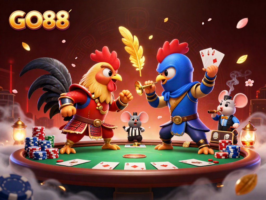 Watch two roosters in samurai and ninja attire battle on a poker table for GO88 glory!