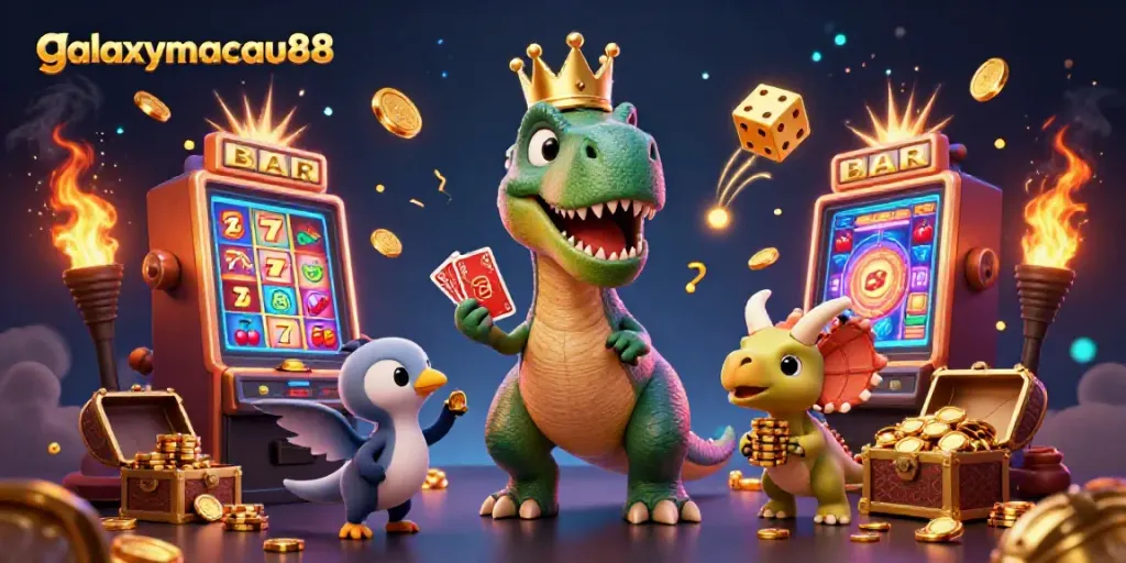 Engage with the fun of gambling at galaxymacau88 featuring 3D cartoon dinosaurs in a vibrant casino setting.
