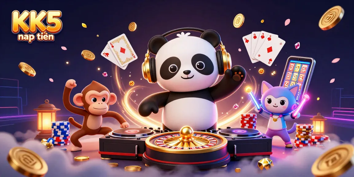 Engage with KK5 nạp tiền while enjoying a vibrant casino scene bursting with animated characters.
