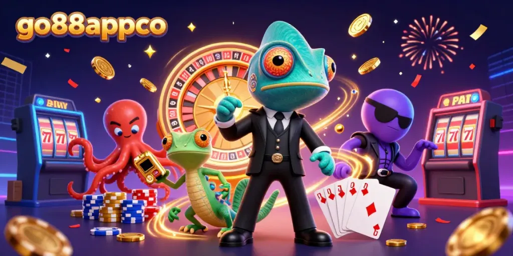 Engaging illustration of game elements and characters representing go88appco in a vibrant casino environment.