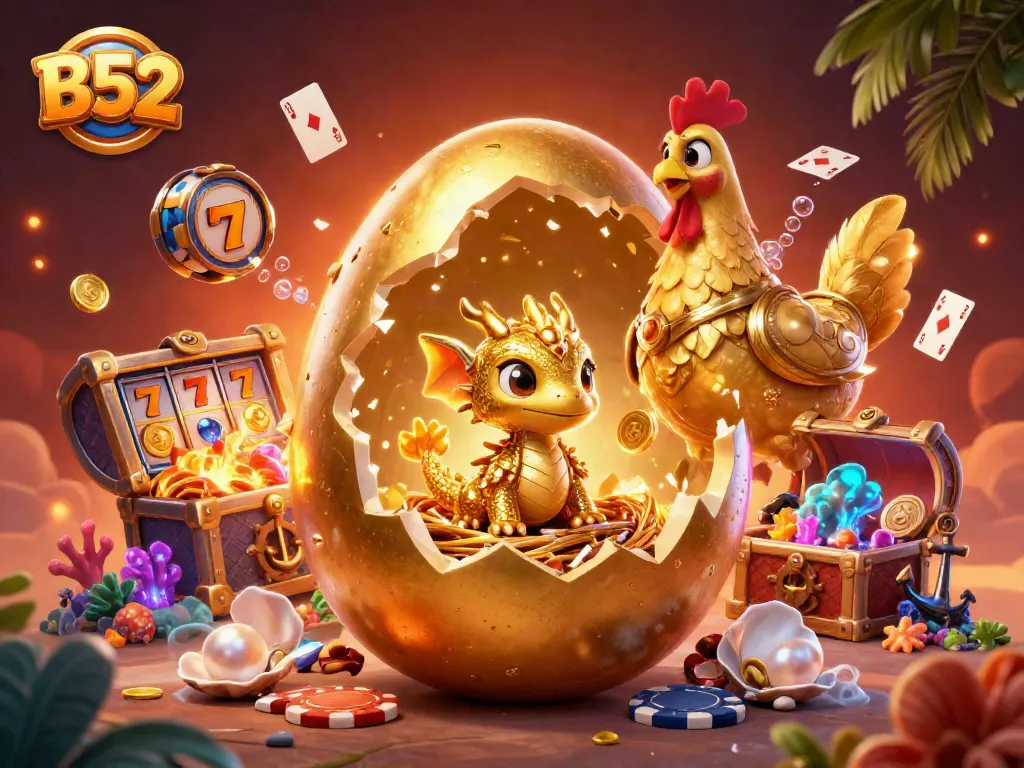 B52 slot game features a golden dragon and poker chips amidst dazzling treasures, perfect for gamers.