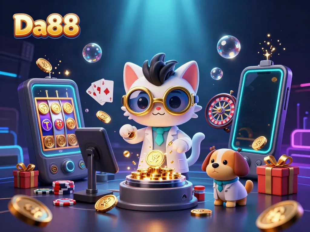 Experience Da88's exciting casino action with a scientist cat and dog amid vibrant gambling visuals.