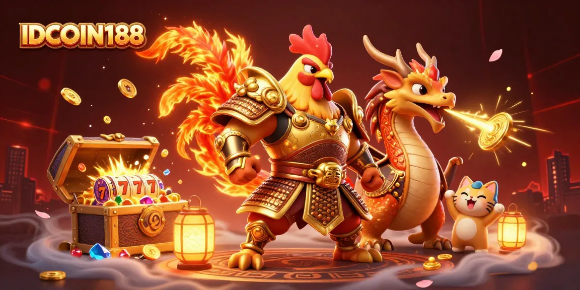 Win big at IDCOIN188 with the fierce fighting rooster warrior and dragon hatchling in a vibrant casino scene.