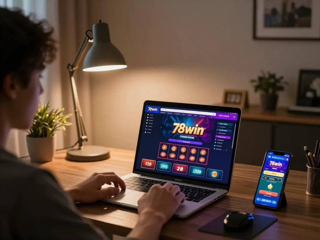 Engaging in strategic betting on 78win's casino platform from a cozy home office.