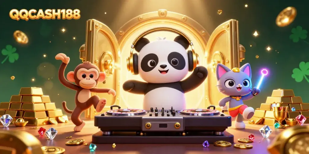 Experience the vibrant energy of QQCASH188 with a DJ panda, dancing monkey, and rave kitten in an exciting casino scene.