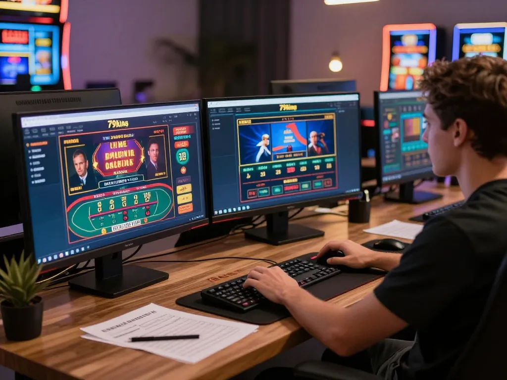 Player enjoying diverse games on the 79king online casino platform at a stylish home workspace