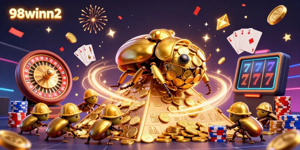 Experience the thrill of 98winn2 with dynamic golden coins and a golden beetle in a casino-themed celebration.