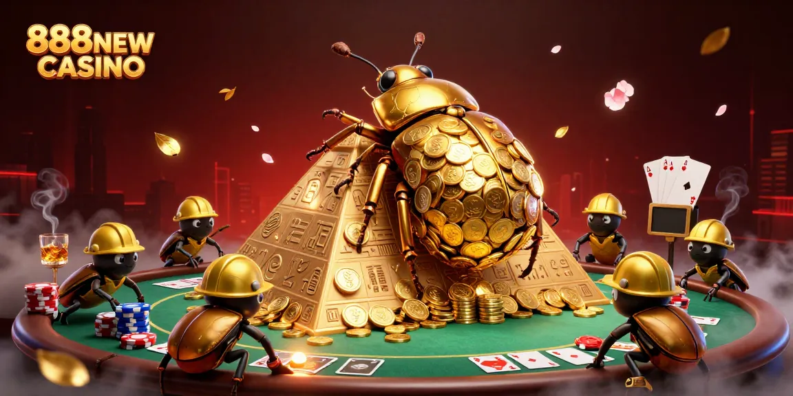 Experience thrilling gaming at 888NEW CASINO while watching golden beetles showcase wealth in an exciting pyramid scene.