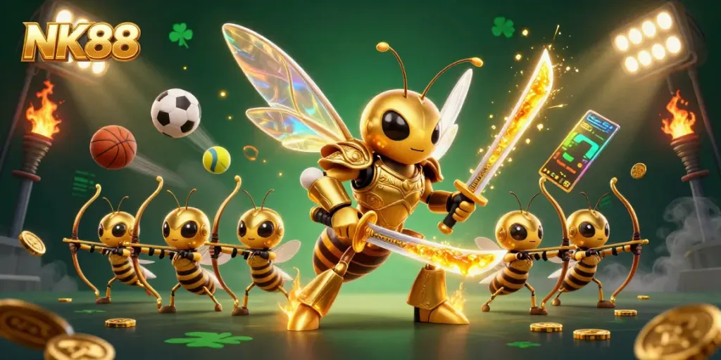Engage in thrilling bets with NK88, showcasing a dynamic golden hornet samurai amid vibrant sports elements.