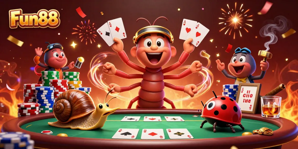 Fun88 poker action scene with a cartoon millipede dealer fanning cards and chip stacks.