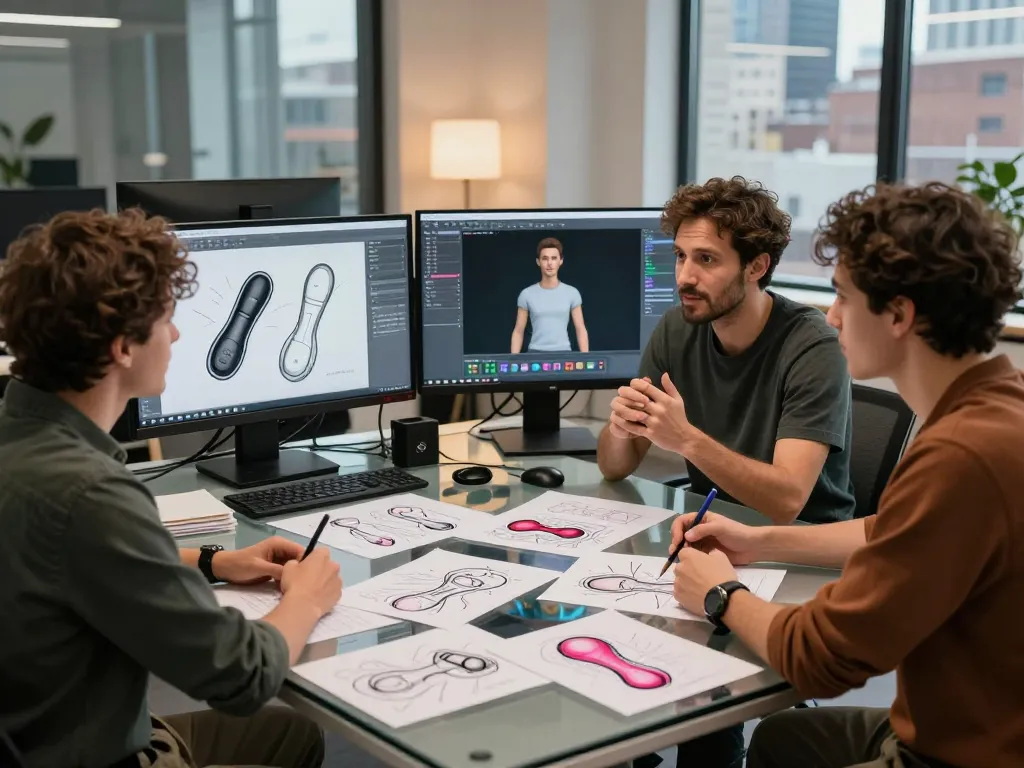 Designers collaborating on AI sex technology innovations with prototypes and sketches in a modern studio.