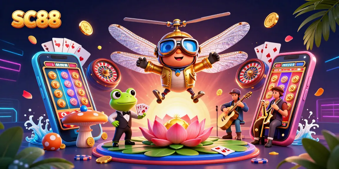 Experience SC88 with a 3D dragonfly pilot and frog croupier amidst thrilling casino games.