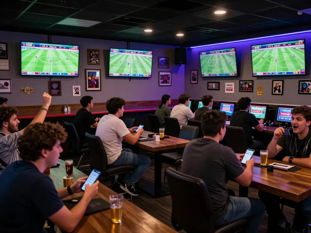 Excited sports fans engaging with kqbd at a lively betting lounge, placing live bets on football matches.