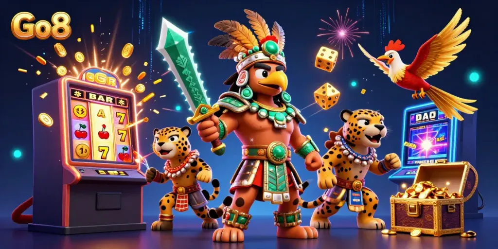 Engage with Go8's thrilling slots as 3D cartoon Aztec warriors celebrate a jackpot explosion.