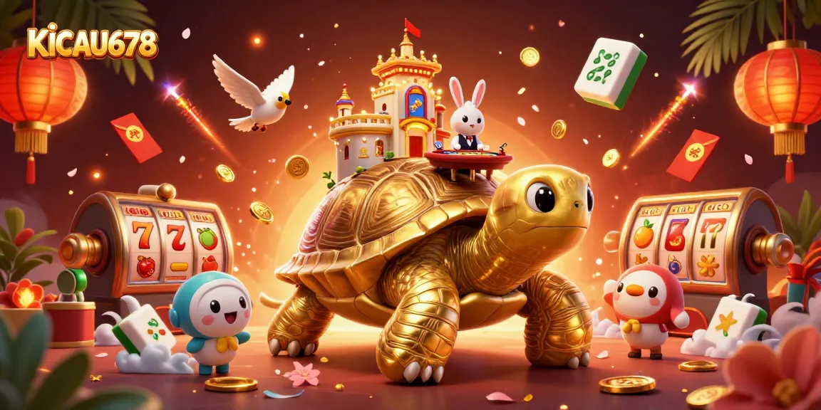 KICAU678 elevates the gaming experience with vibrant slot symbols and golden coins in a dynamic 3D scene.