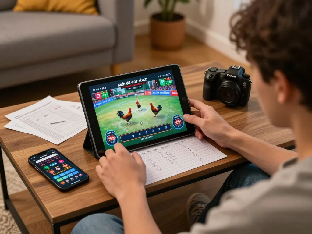 Engaging in đá gà trực tiếp on a tablet with betting notes in a comfortable home setting.