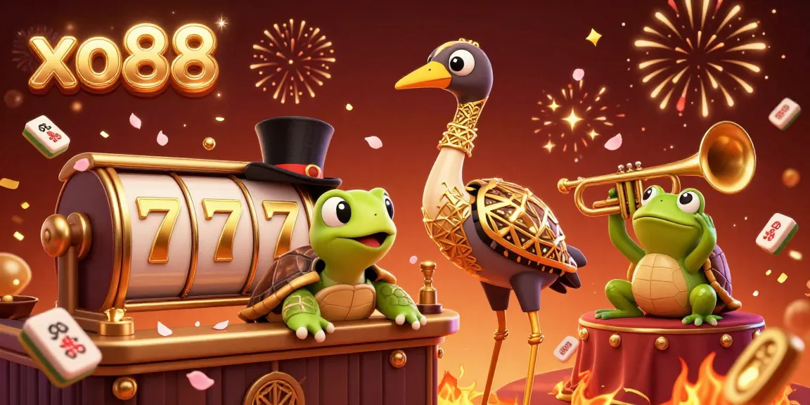 Experience the thrilling xo88 slot scene with a lively crane, turtle, and frog in glamorous casino vibes.
