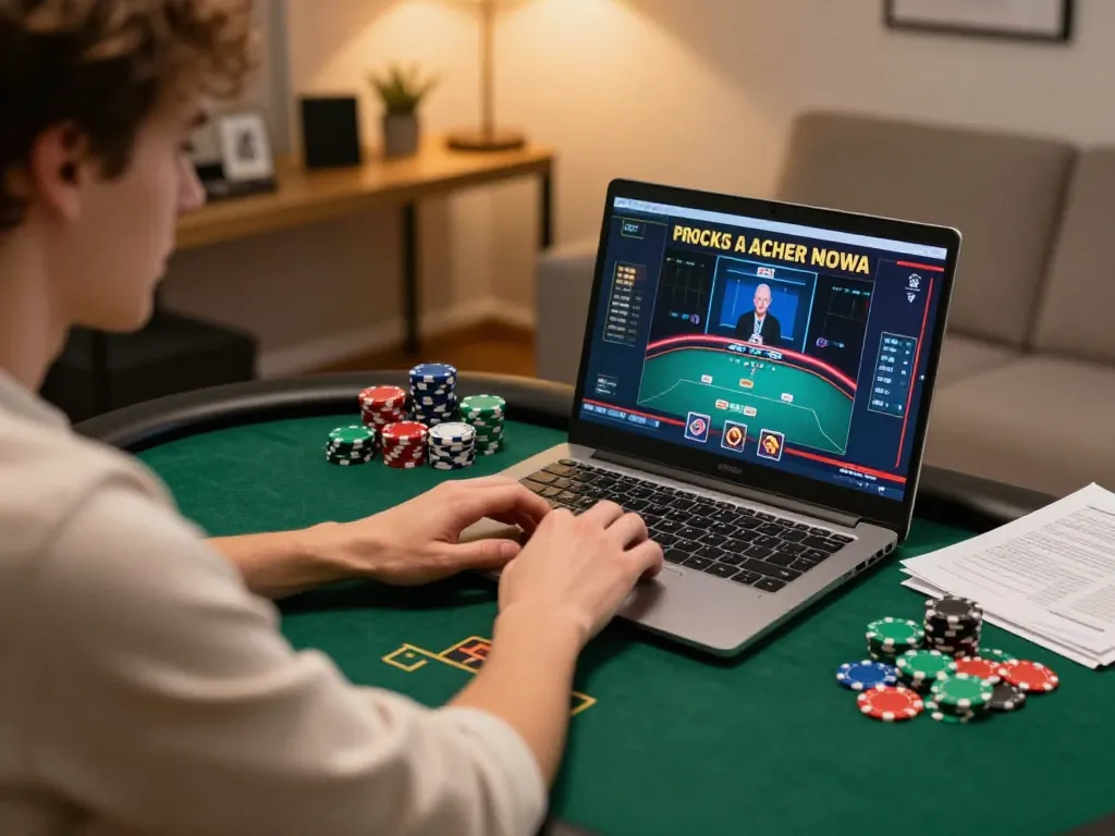 Player engaging with MM88 online poker game, focused ambiance, poker chips visible.