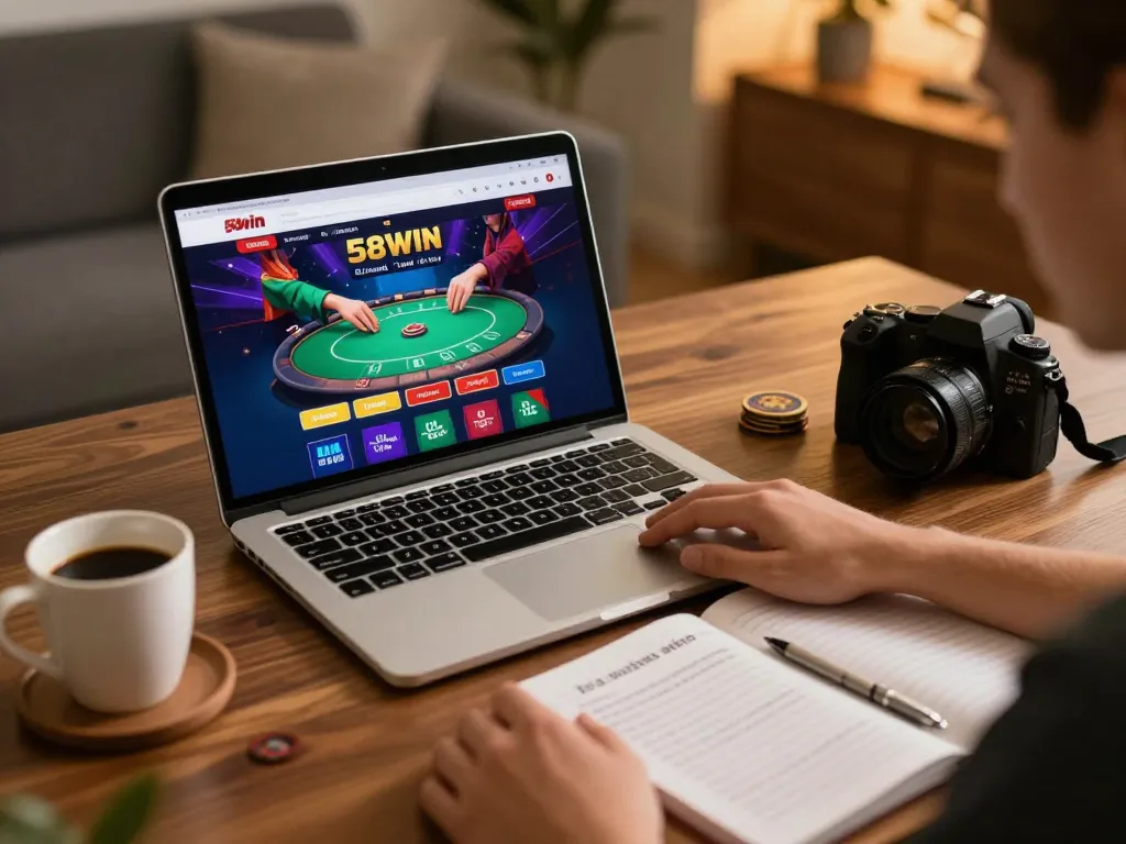 Player enjoying dynamic poker game on 58win online platform through laptop in cozy living room.