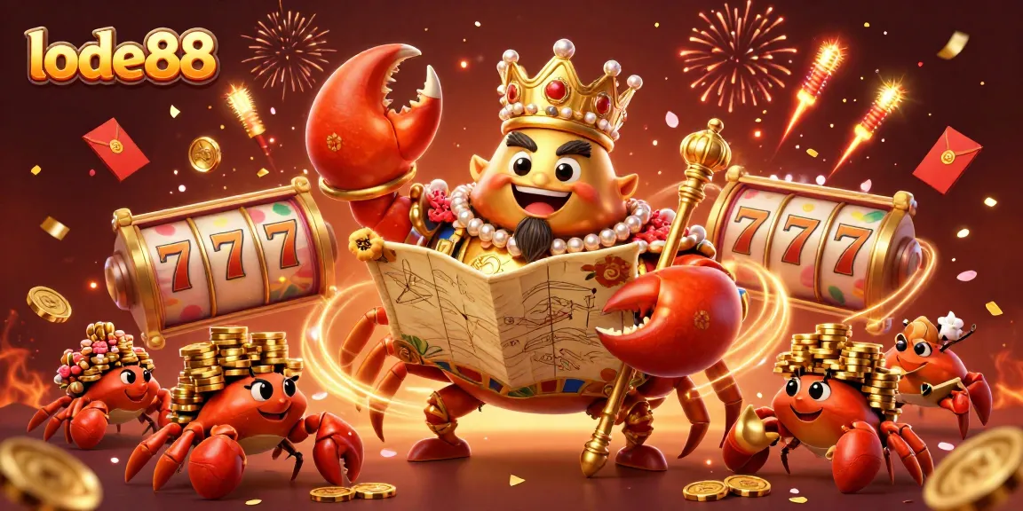 Engage with lode88's dynamic casino scene showcasing a golden crab emperor in vibrant detail.